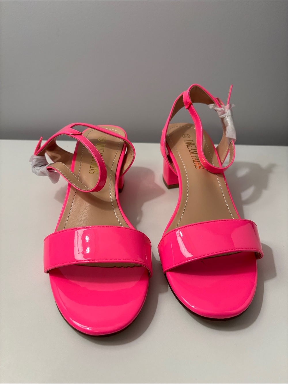 Dream Pairs Neon Pink Patent Block Heel Sandals